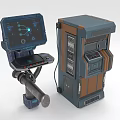 Futuristic Mechanical Arm Equipment With Digital Screen Interface And Wooden Metal Console Panels