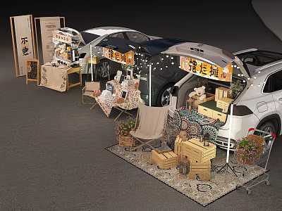 White SUV Trunk Market Stall Setup With Wooden Crates Chairs Plants And String Lights Decoration 3d model