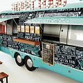Light Blue Street Food Truck With Coca-Cola Cooler Chalkboard Menu And Wooden Tables Benches