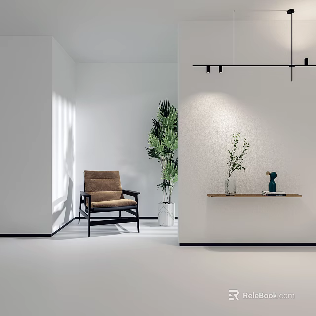 Modern Reception Desk With Brown Chair Tall Green Plant Wooden Shelf Vase And Bright Lighting 3d model 