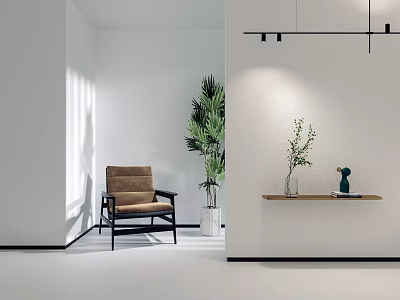 Modern Reception Desk With Brown Chair Tall Green Plant Wooden Shelf Vase And Bright Lighting 3d model