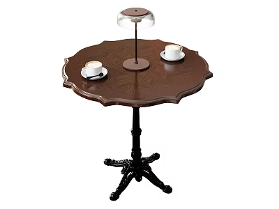 Elegant Wooden Round Dining Table With Carved Edge Black Legs Coffee Cups And Table Lamp 3d model