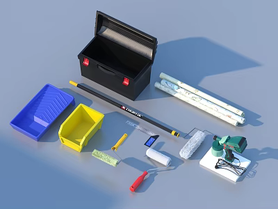 Comprehensive Hardware Tools Collection With Toolbox Plastic Containers Roller Brushes Tape Gloves And Screwdriver 3d model