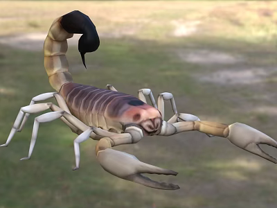 Detailed View Of Reptile Scorpion With Striped Exoskeleton Large Pincers And Curled Tail In Grassland 3d model