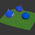 Green Grassy Surface With Three Blue Bulbous Shapes And Textured Design