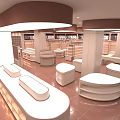 Boutique Store With Arched Doorways White Cloth Covered Furniture Brown Tiled Floor And Recessed Lights