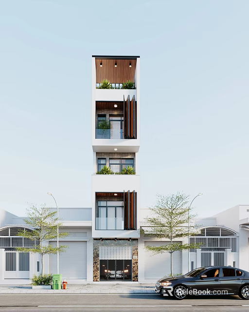 Modern Multi Story Townhouse Exterior With Balconies Large Windows And Green Plants 3d model 