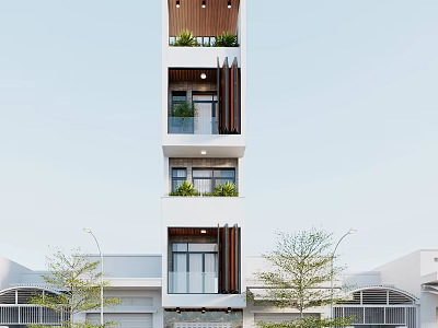 Modern Multi Story Townhouse Exterior With Balconies Large Windows And Green Plants 3d model