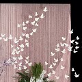 Wedding Scene With Couple Pink Backdrop White Butterflies Purple Flowers And Green Plants
