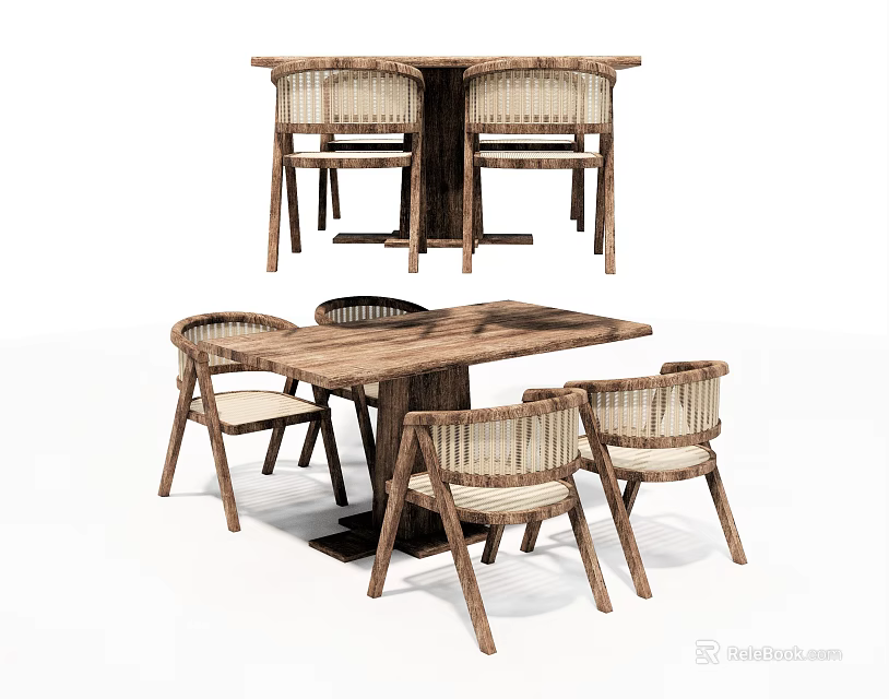 Rustic Wooden Dining Table Set With Woven Chairs And Natural Design 3d model