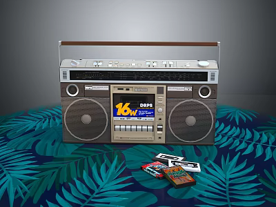 Vintage Boombox With Cassette Tapes On Green Leaf Patterned Cloth Displaying KOL 3d model