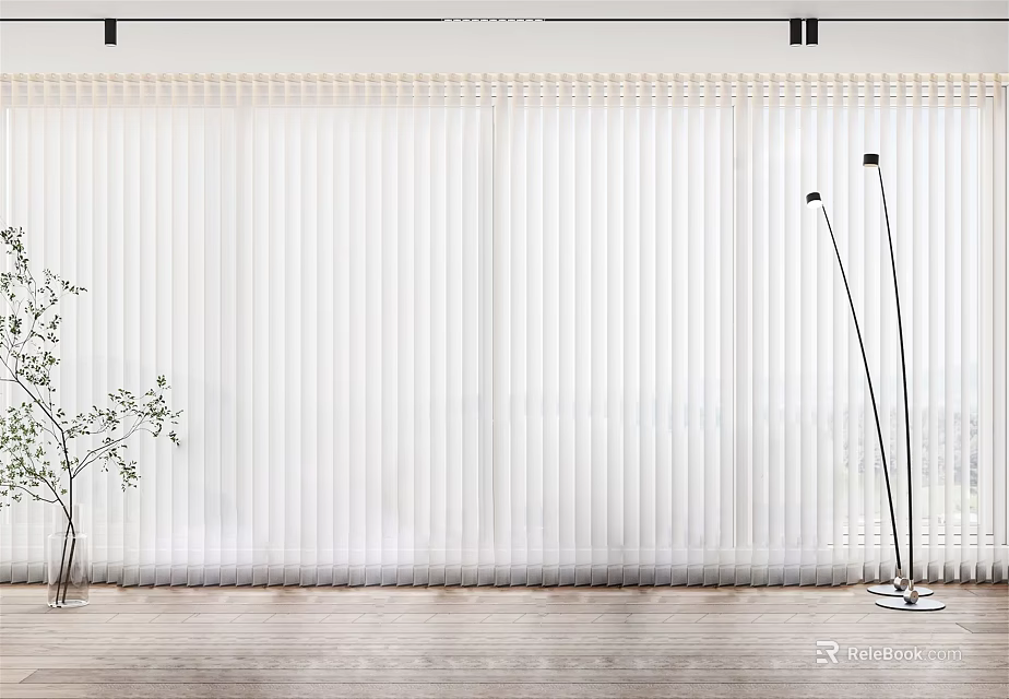White Vertical Curtains In Modern Interior With Wooden Floor And Floor Lamp 3d model 