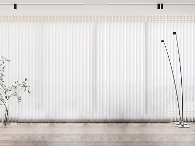 White Vertical Curtains In Modern Interior With Wooden Floor And Floor Lamp 3d model