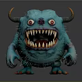 3D Furry Blue Monster Character With Horns Red Eyes Sharp Teeth Claws