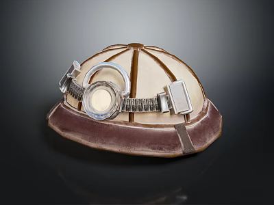 Vintage Miner Safety Helmet With Attached Lamp And Metal Straps 3d model