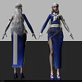 Woman Wearing Blue Traditional Dress With Long White Hair High Heels And Slit Design