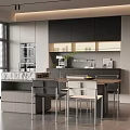 Modern Restaurant Interior Design With Large Window Blinds Dark Cabinets And Dining Table