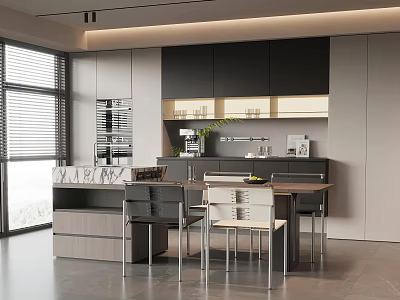Modern Restaurant Interior Design With Large Window Blinds Dark Cabinets And Dining Table 3d model