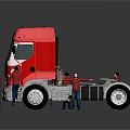 Red RISS HAMMES Truck with Three People in Red Clothes Inspecting Exterior