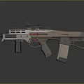 Modern Tactical Rifle Featuring Scope Mounted Accessories Brown Black Finish Ergonomic Grip Red Accents