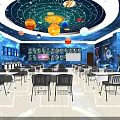 School Astronomy Classroom Featuring Starry Ceiling Planet Decorations Blue Walls And Tables With Chairs