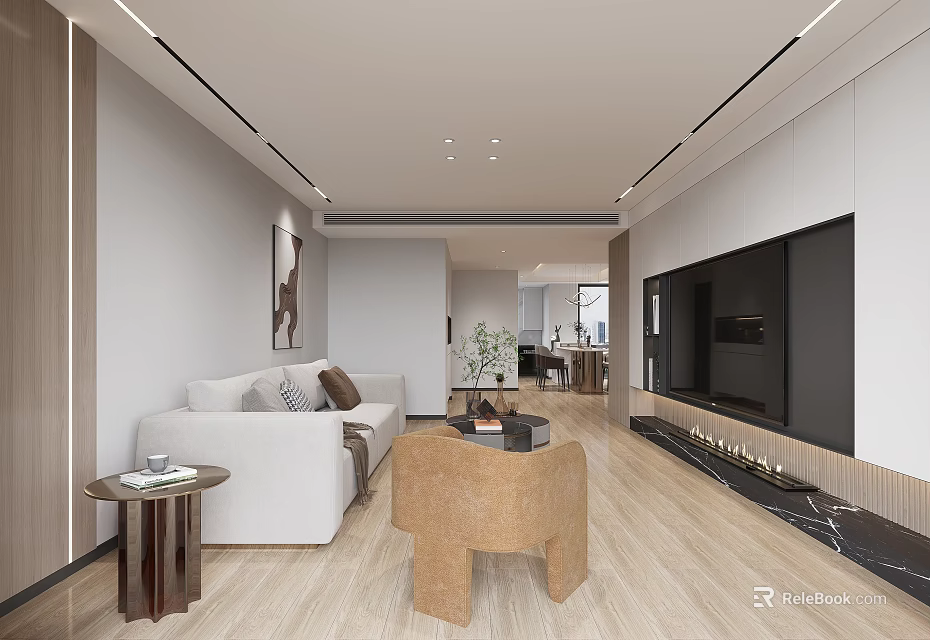 Modern Living Dining Room With Light Wood Flooring Neutral Tones Sofa Coffee Table TV Wall 3d model 