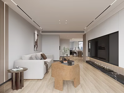 Modern Living Dining Room With Light Wood Flooring Neutral Tones Sofa Coffee Table TV Wall 3d model