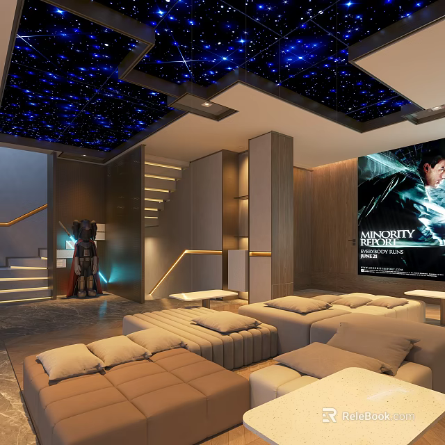 Modern Home Theater With Starry Sky Ceiling Large Screen And Comfortable Sofas 3d model 