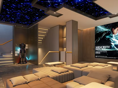 Modern Home Theater With Starry Sky Ceiling Large Screen And Comfortable Sofas 3d model