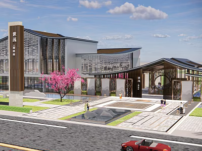 Modern Commercial Architectural Landscape with Glass Facade Pink Tree and Paved Plaza 3d model