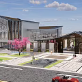 Modern Commercial Architectural Landscape with Glass Facade Pink Tree and Paved Plaza