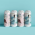 Four Beverage Cans Featuring Artistic Illustrations On Light Blue Background 3d model