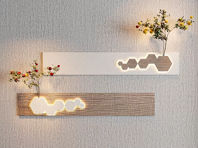 Elegant Modern Wall Decor With Wooden White Panels Geometric Cutouts Lighting And Plants 3d model
