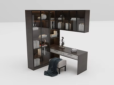 Minimalist Desk Interior With Wall Bookshelf Books Sculpture Lamp Stool And Blanket 3d model