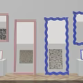 Pink And Blue Wavy Frame Mirrors For Interior Display With White Pedestals