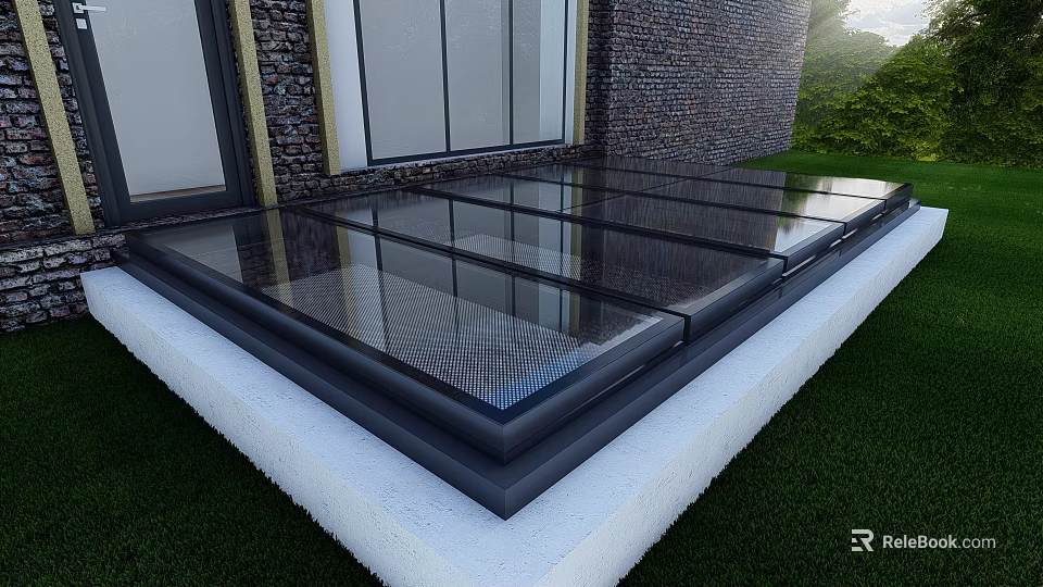 Detached Villa Glass Floor Structure With Grass Surroundings And Brick Wall Windows 3d model 