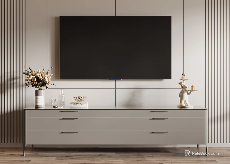 Modern Light Gray TV Stand With Drawers And Decorative Items Against Vertical Striped Wall 3d model 