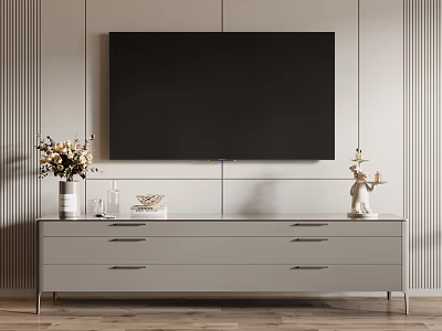 Modern Light Gray TV Stand With Drawers And Decorative Items Against Vertical Striped Wall 3d model