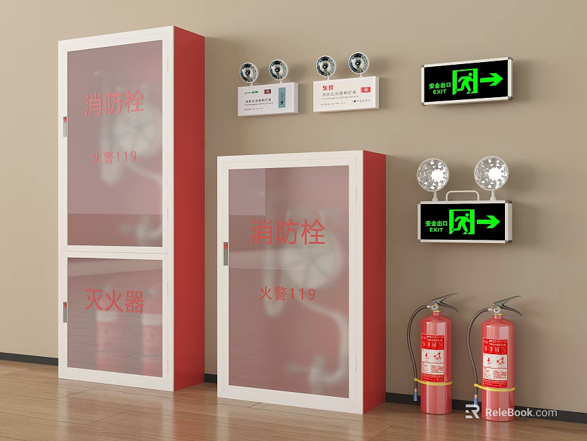 Fire Safety Equipment With Hydrant Cabinets Extinguishers And Exit Signs In Indoor Area 3d model 