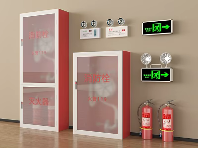 Fire Safety Equipment With Hydrant Cabinets Extinguishers And Exit Signs In Indoor Area 3d model
