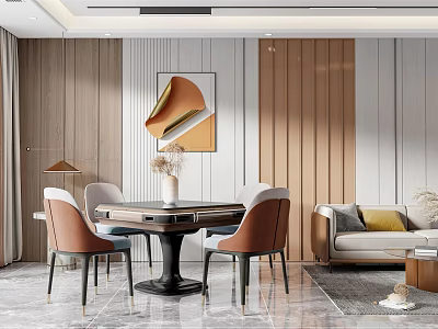 Hotel Mahjong Room Interior Design With Wooden Table Chairs Decorative Painting Wall Panels And Sofa 3d model