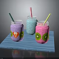 Colorful Fruit Mason Jar Drinks with Strawberry Kiwi Slices and Straws on Blue Tray