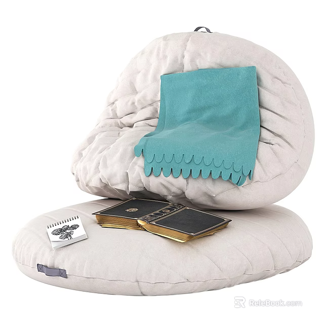 Cozy Beige Bean Bag Chair with Turquoise Blanket Stacked Books and Notebook 3d model 