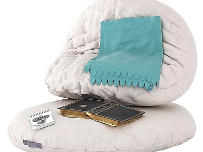 Cozy Beige Bean Bag Chair with Turquoise Blanket Stacked Books and Notebook 3d model