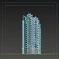 Tall Residential Building with Yellow Red Exterior Windows Decorative Top Against Blue Sky Background