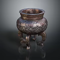 Ancient Bronze Censer With Ornate Carved Patterns And Tripod Legs