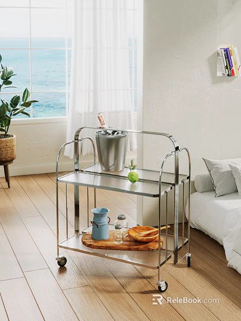 Modern Metal Serving Cart with Ice Bucket Green Apple and Wooden Tray 3d model 