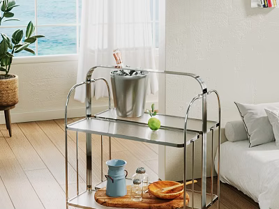 Modern Metal Serving Cart with Ice Bucket Green Apple and Wooden Tray 3d model