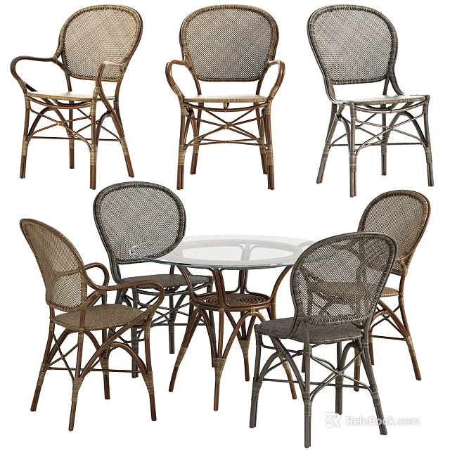 Rattan Dining Set With Round Glass Top Table And Wooden Frame Chairs 3d model 