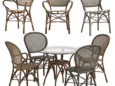 Rattan Dining Set With Round Glass Top Table And Wooden Frame Chairs 3d model